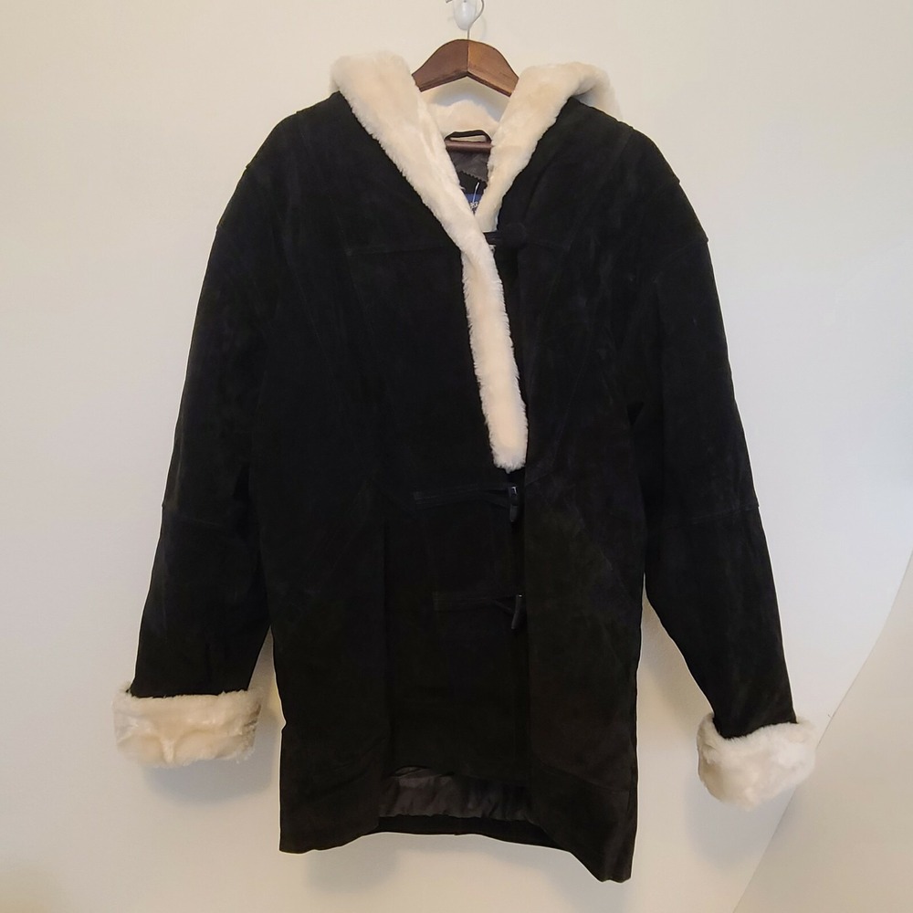 Vintage Willow Ridge Suede Leather Hooded Coat with Faux Fur Collar Cuffs Large